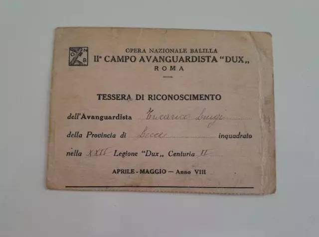 Fascismo Opera Nazionale Balilla  tessera di Riconoscimento Lecce  1930