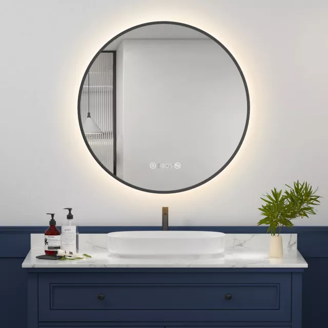 Meykoers Round Bathroom Mirror With LED Backlit Lights Clock Demister Black 60cm