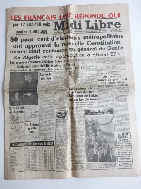 DE GAULLE  approbation referendum Algérie MIDI LIBRE 29 sept. 1958