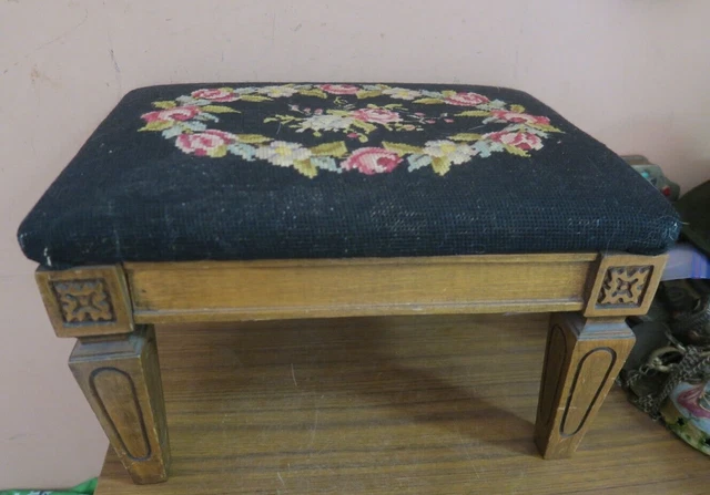 Vintage Handmade Finished  Needlepoint Wood Frame Footstool Bench Stool 12"X15"