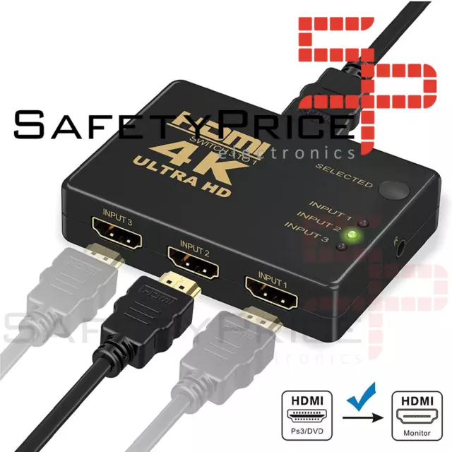 Conmutador HDMI 4K Switch 3 Puertos Selector de Splitter Hub IR Remoto Negro 2