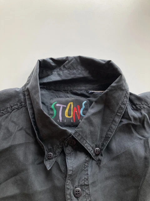 Men's Vintage STONE Black Silk Habotai Button Up Shirt, Size L / XL