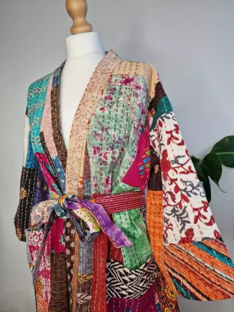 Silk patchwork handmade kantha jacket japanese kimono style kantha robe winter