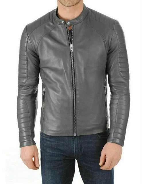 Men genuine lambskin leather Classic Quilted Solid Pattern Moto Gray Coat Jacket
