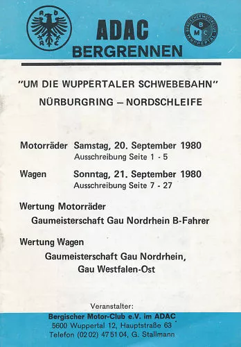 ADAC Ausschreibung Bergrennen Wuppertaler Schwebebahn 1980 9/80 Motorsport