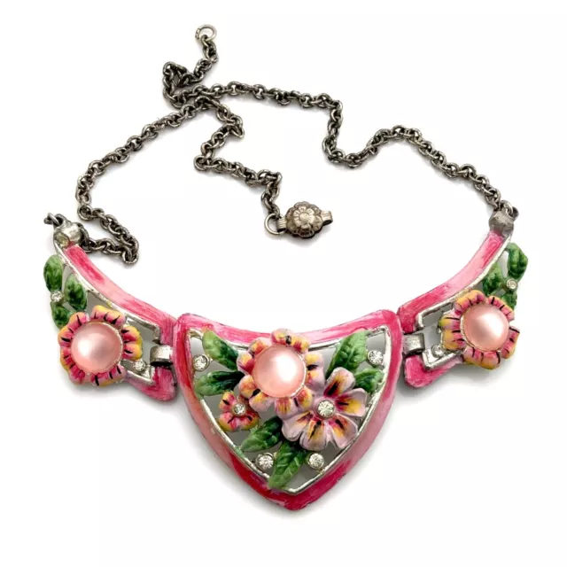 Vintage 1940s CORO Pink Moonglow Rhinestone Enamel Flower Leaf Costume Necklace