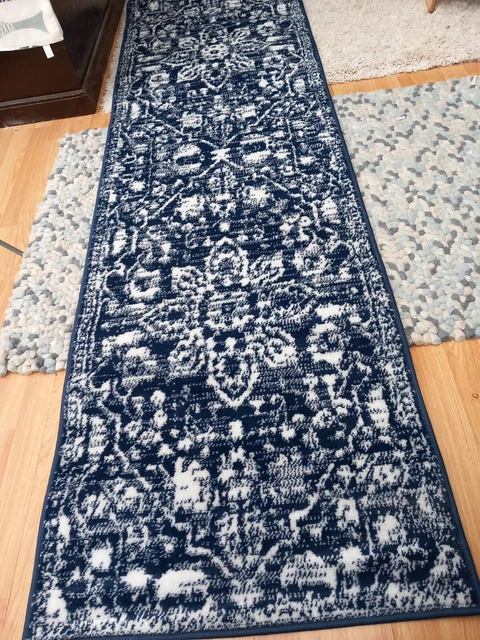 NUEVA alfombra Hall Runner Wayfair azul oscuro y blanco 67 x 220 cm fue £82