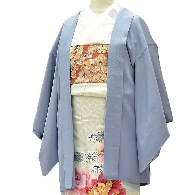Japanese Kimono silk Vintage Women's Haori Jacket Blue Chrysanthemum Japan EX