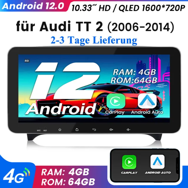 10.33" Android 12 4+64GB Car Autoradio GPS Radio For Audi TT MK2 8J 2006-2014 FM