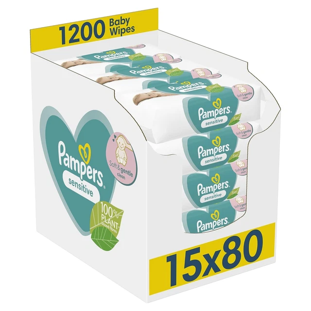 PAMPERS SENSITIVE BABY Wipes 15 Packs of 80 = 1200 Baby Wet Wipes