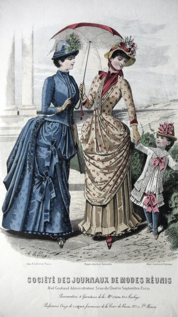 ANTIQUE FASHION ENGRAVING 19th century - FASHION NEWSPAPERS REUNITED - WATERCOLOR LIFT -