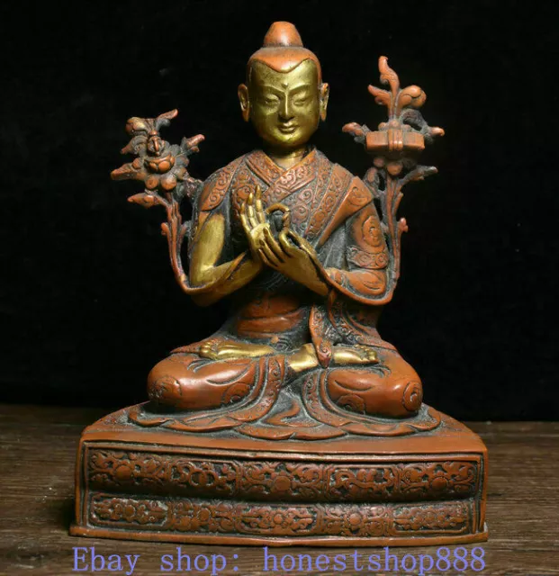 8" Old Tibet Tibetan Red Copper Gilt Je Tsongkhapa Buddha Guru Statue