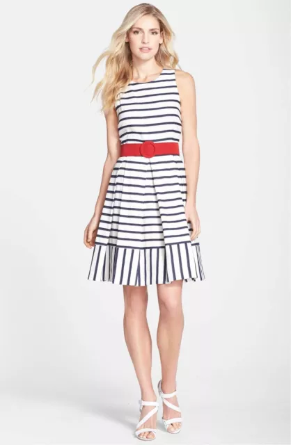 Eliza J Belted Stripe Fit & Flare Dress, Size 14 3