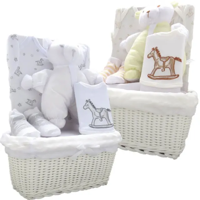 New Baby Basket Gift Hamper 5 Piece Layette Set ~ Rocking Horse Cream White 0-3M