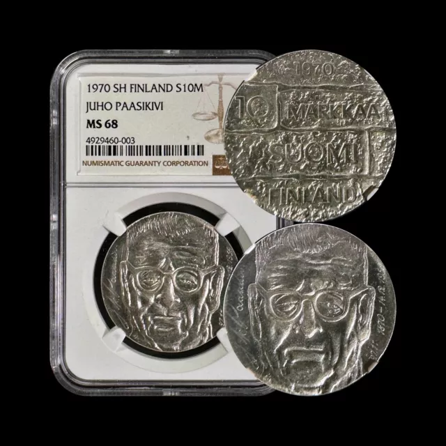 FINLAND. 1970, 10 Markkaa, Silver - NGC MS68 - Juho Paasikivi