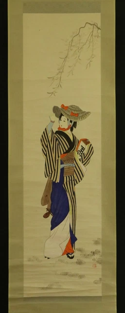 ARTE DE PERGAMINO COLGANTE JAPONÉS Pintura "Belleza" Asiática antigua #E3948