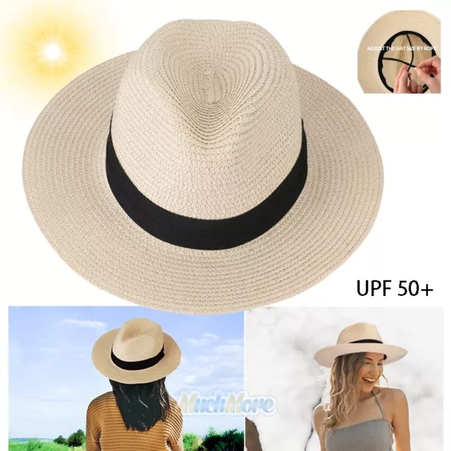 Womens Panama Straw Hat Wide Brim Summer Beach Sun Foldable Cap Fedora UPF 50+