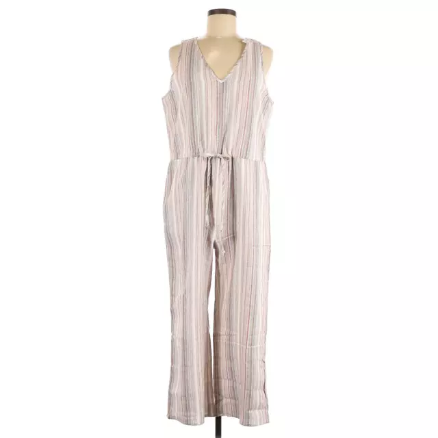 New Anthropologie DREW Medium Linen Striped Crop Wide Leg Jumpsuit Tan Neutral