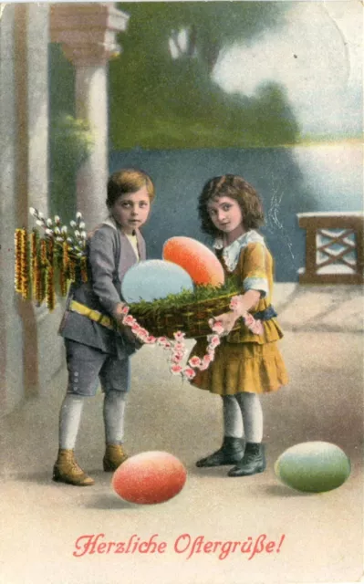 AK Ostern 1926 Herzliche Ostergrüße - Junge Mädchen Osterkorb Ostereier Bahnpost