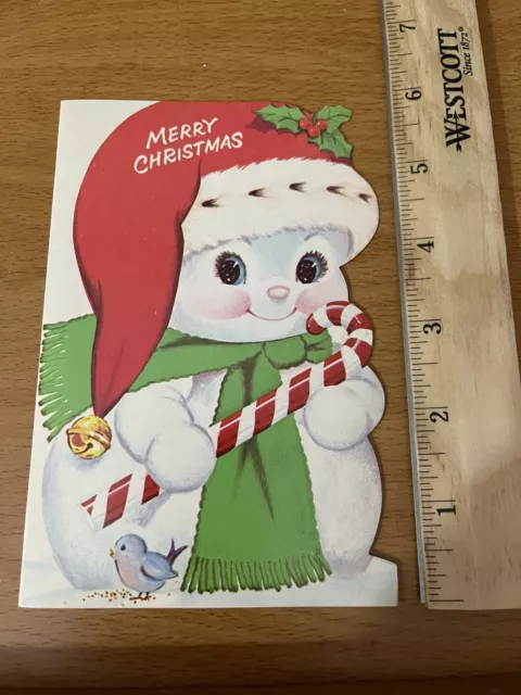 Vintage Christmas card snowman with candy cane and Santa hat bird unused