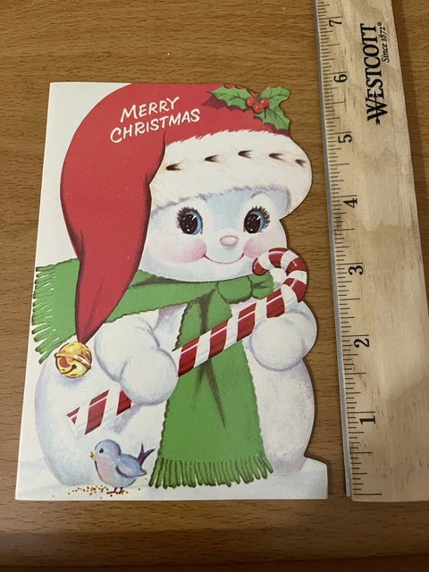 Vintage Christmas card snowman with candy cane and Santa hat bird unused