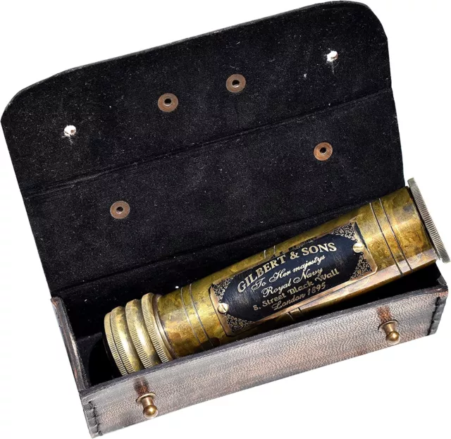 Handmade Brass Kaleidoscope with Leather Box - Vintage Look - Antique Finish - K