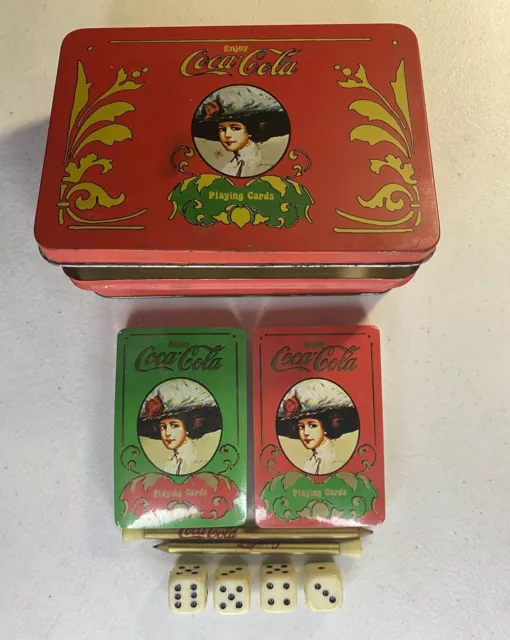 Vintage Coca-Cola Coke Dice, Pencils 2 Deck Bicycle Playing Cards In Tin Sealed