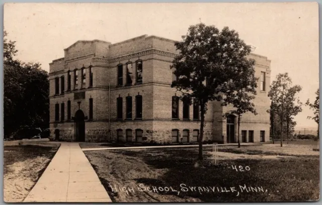 1921 SWANVILLE, Minnesota RPPC Real Photo Postcard "HIGH SCHOOL" Building View