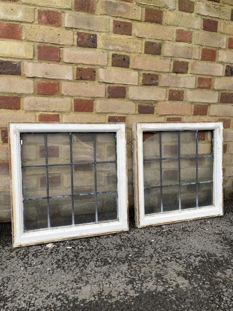 Pair Of Reclaimed Leaded Light Panel Wooden Windows