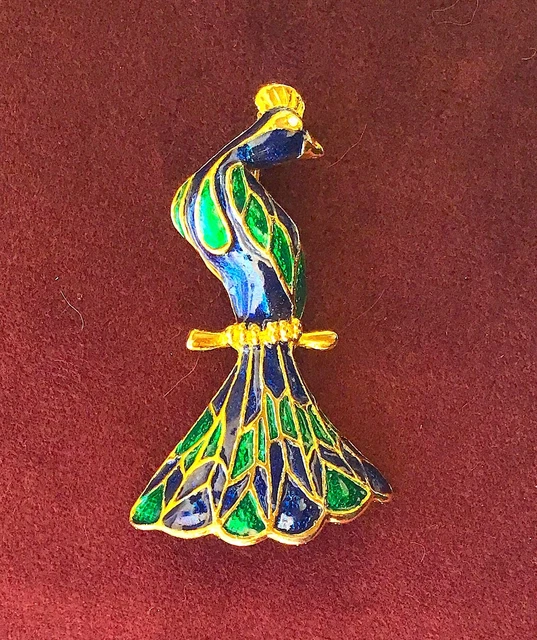 1970 S PEACOCK BROOCH Blue Green Poured Glass feathers and Body