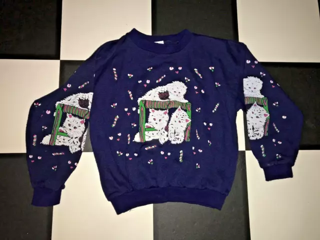 80s Vintage Navy Blue & White Novelty Kittens Flocked Sweatshirt Jumper