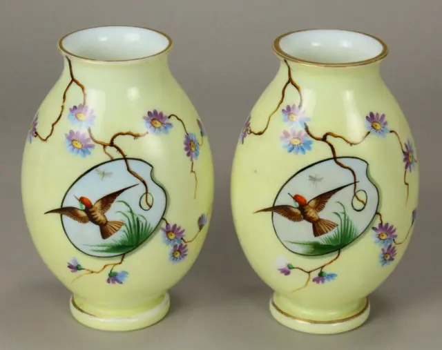 = LOVELY Pair of 1880's Victorian Bristol Glass Vases, Yellow Ground with Birds