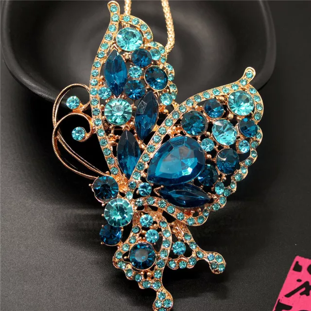 Betsey Johnson Blue Bling Rhinestone Bling Butterfly Pendant Chain Necklace