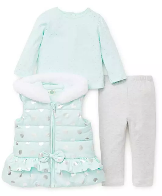 Little Me Baby Girls Aqua Heart 3-Piece Vest Jacket Tee Legging Set 2