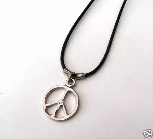 NEU 48cm HALSKETTE mit ANHÄNGER PEACE farbe silber HALSBAND schwarz