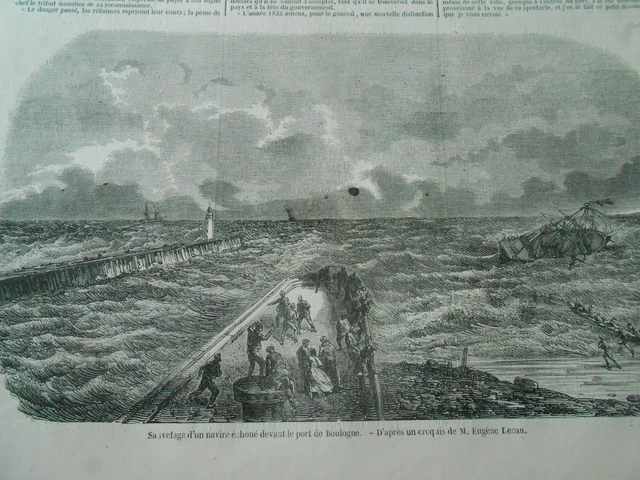 Gravure 1856 - Sauvetage d'un navire échoué devant le port de Boulogne