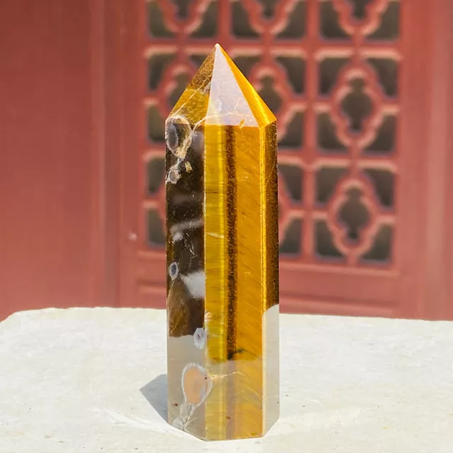 95G  Natural Tiger's Eye Quartz Stone Healing Crystal Point Wand Obelisk Rock