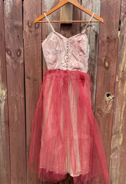 vintage 1950s 1960s floral embroidery corset tulle dress