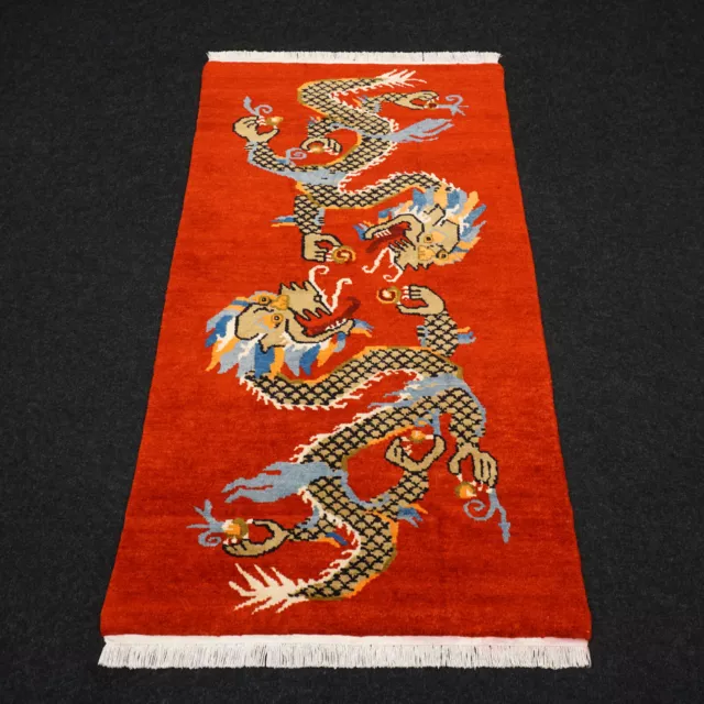 Orient Tapis Nepal 164 X 89 CM Tibet Rouge Dragons Motifs Noué à la Main Tapis