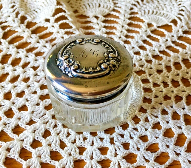 Antique 1900 Vanity Jar With Sterling Silver Repousse Lid Art Nouveau Numbered
