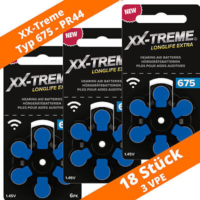18 baterías de audífonos extra XX-TREME Longlife tipo 675 PR44 azul NUEVO