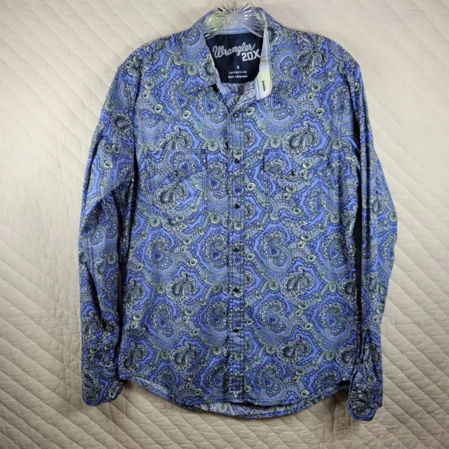 Wrangler 20X Western Pearl Snap Shirt Men's Medium Blue Paisley Cowboy Cotton