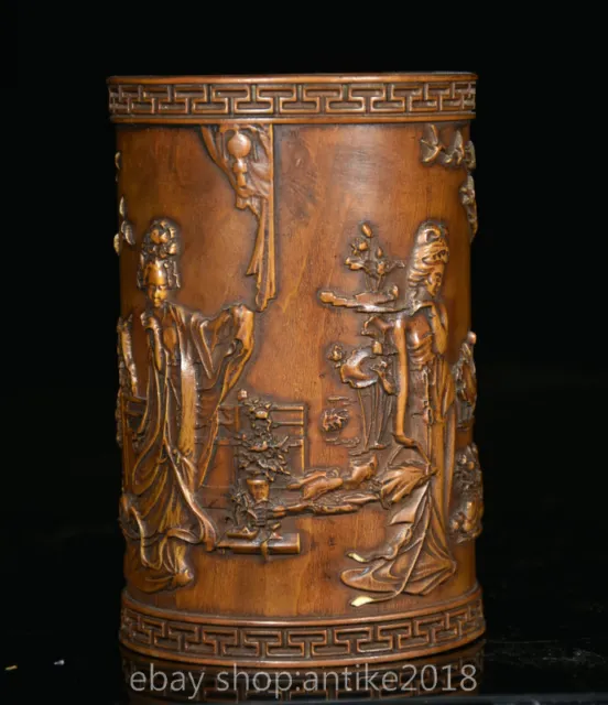 4.8 " Old Chinese Boxwood Wood Carved Dynasty Beauty Woman brush pot
