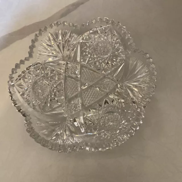 Antique American Brilliant Period Cut Glass 7” Crystal Dish Bowl Sawtooth Edge