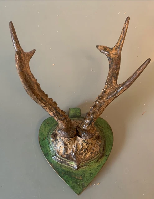 ° Coat Rack wall deco Antique GERMAN Metal STAG antler WOODEN Plate 1880 HUNTER