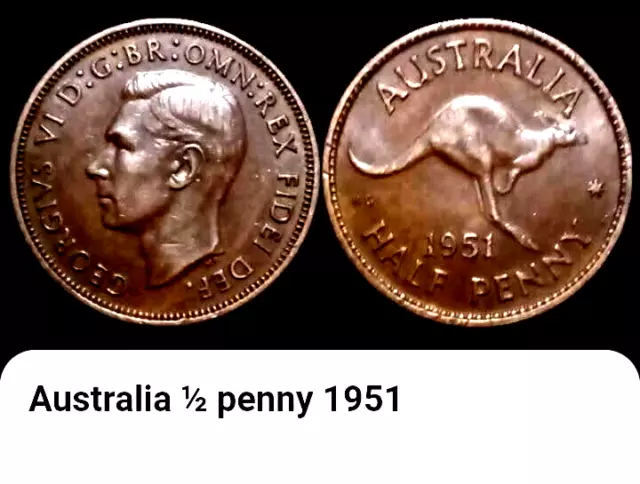 1951 Australia Half Penny Coin BONUS OFFERS. King George VI. Kangaroo Design 1/2