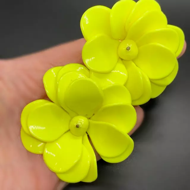 HUGE Vintage Yellow Plastic Flower Power Clip On Earrings 2.25"