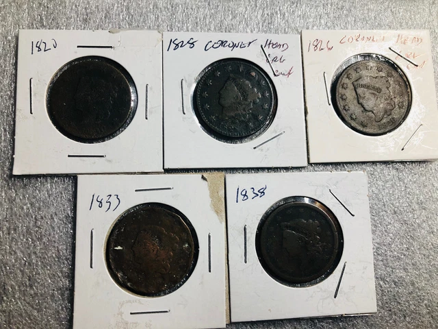 Lot of (5) Coronet Head large Cents Low Grade Early 1800 Copper Penny Large Cent