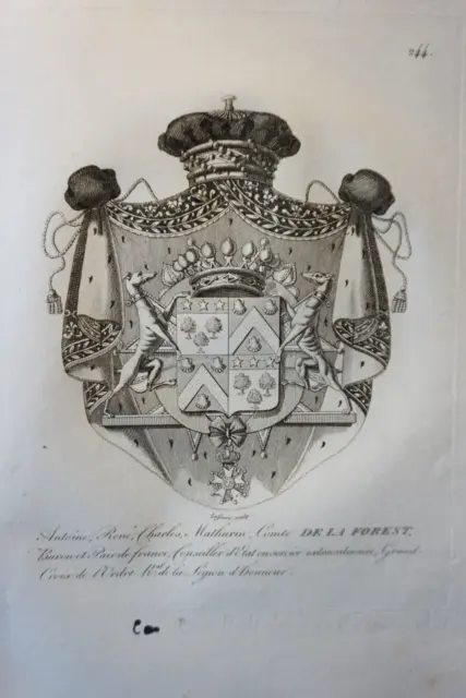 Gravure Blason Heraldique Comte De La Forest Amoiries Restauration 1815