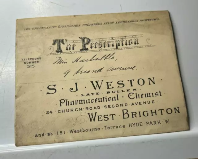 Antique Pharmacy Prescription Envelope   West Brighton to Second Avenue address